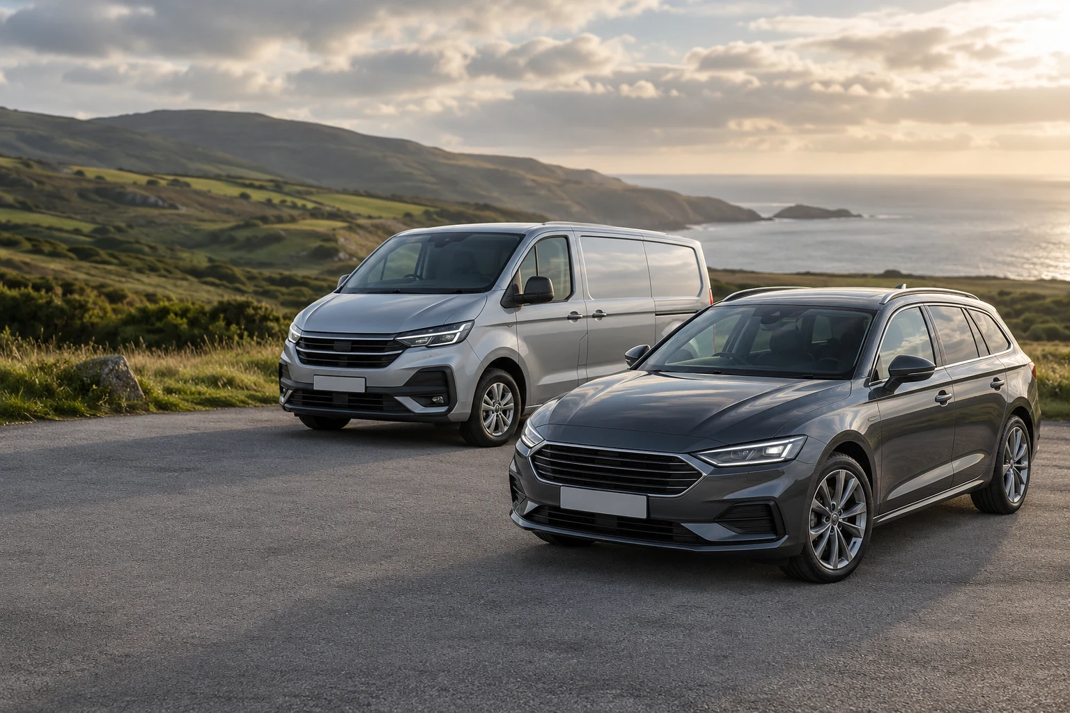 Illustrative car and panel van in a coastal setting